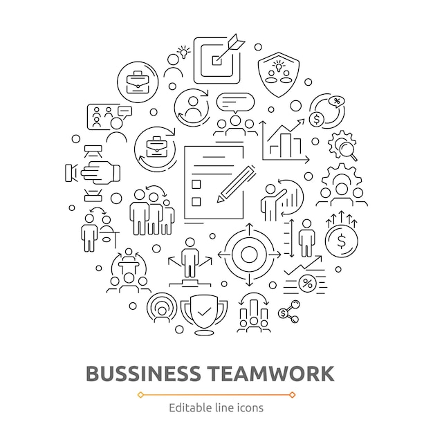 Colección de iconos de trabajo en equipo de negocios y línea de gestión