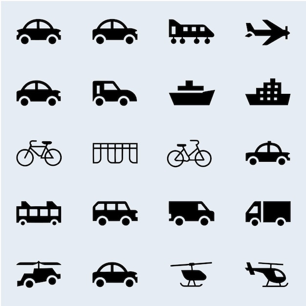 Colección de íconos de transporte en blanco y negro en el diseño de cuadrícula