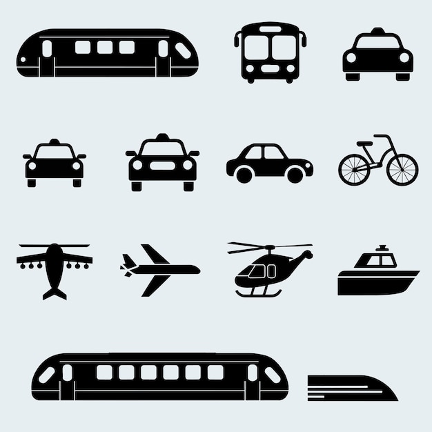 Colección de íconos de transporte en blanco y negro en el diseño de cuadrícula
