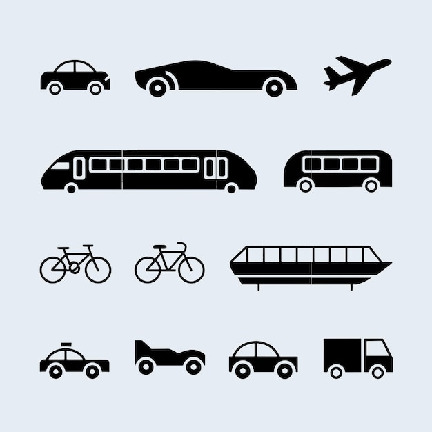 Colección de íconos de transporte en blanco y negro en el diseño de cuadrícula
