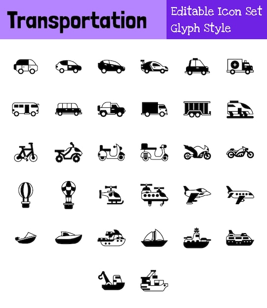 Colección de iconos de transporte Conjunto de estilos de glifos