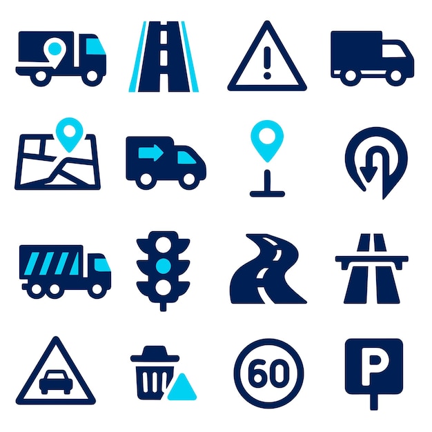 Colección de íconos de transporte y navegación Señales de tráfico Vehículos y marcadores de ubicación