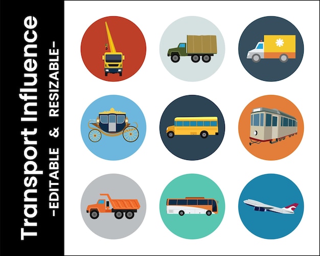 Colección de íconos de transporte de vectores planos en diferentes marcos circulares de fondo