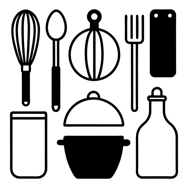 Colección de iconos de utensilios de cocina planos en silueta negra con espátula y sartén para batir ollas