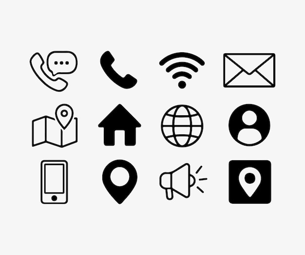 Una colección de iconos para varias aplicaciones y servicios, incluido un teléfono un mapa