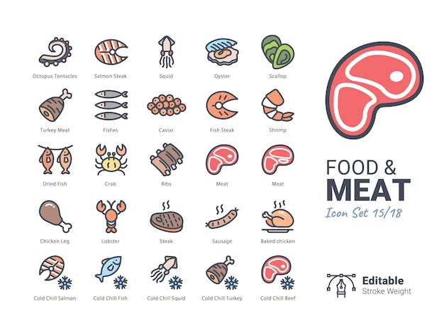 Colección de iconos de vector de comida y carne