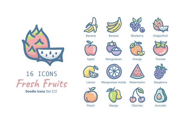 Colección de iconos de vector de frutas frescas