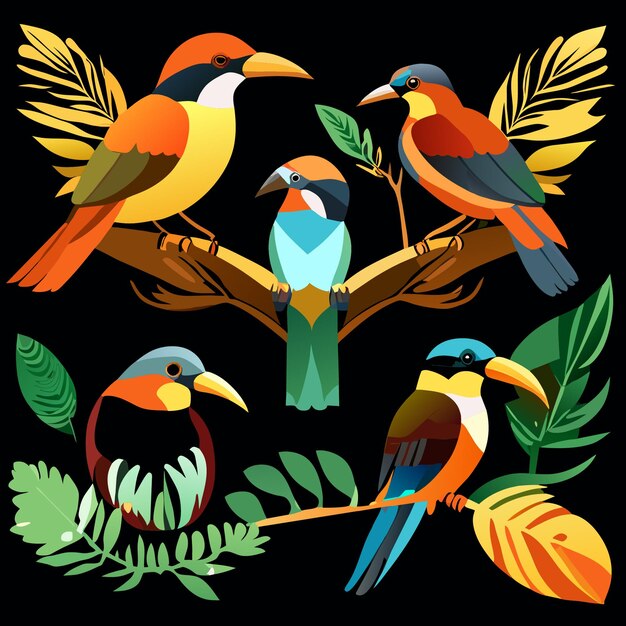 Colección de iconos de vectores planos de las aves del bosque del amazonas