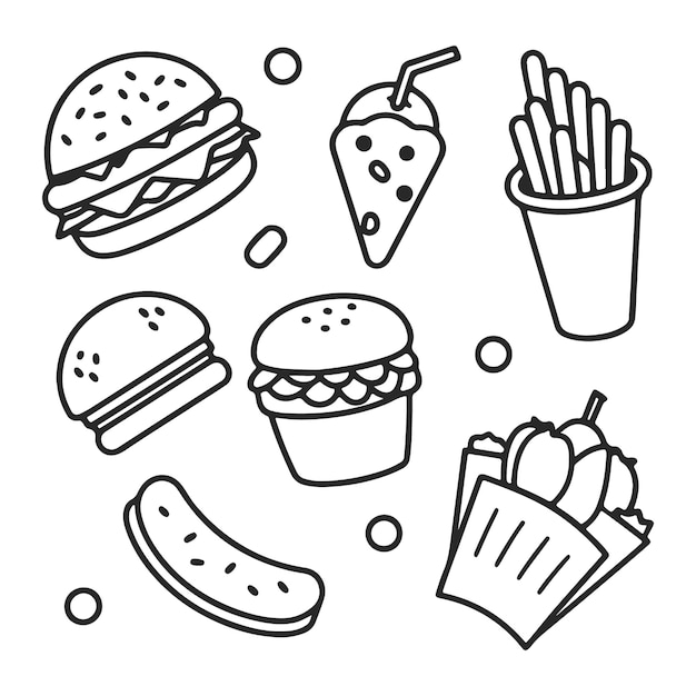 Colección de iconos vectoriales de bocetos de comida rápida