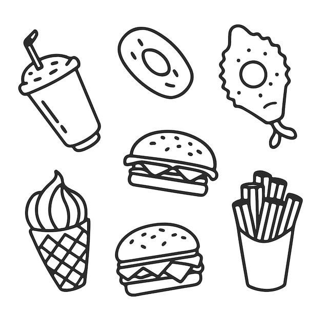 Colección de iconos vectoriales de bocetos de comida rápida