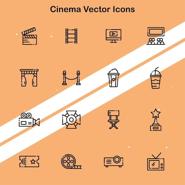 Colección de iconos vectoriales de cine que muestran varios elementos de películas y relacionados con películas adecuados