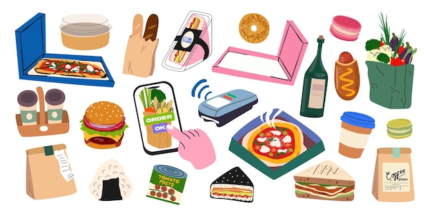 Colección de íconos vectoriales de entrega de alimentos para llevar almuerzo métodos de pago embalaje de cajas de papel