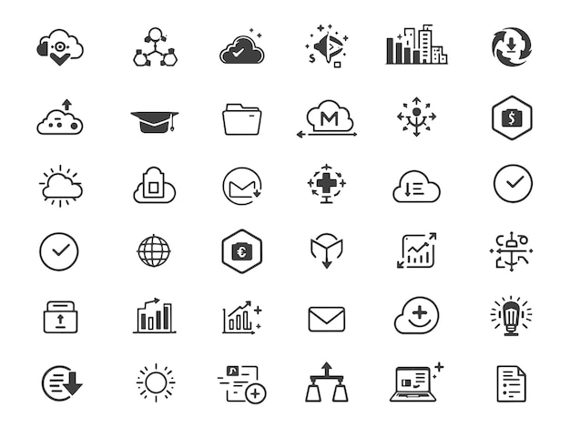 Una colección de íconos vectoriales modernos minimalistas relacionados con la tecnología de computación en la nube y la gestión de datos financieros