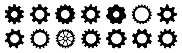 Colección de iconos vectoriales de silueta de engranajes negras Conjunto de ruedas dentadas mecánicas Símbolos de ajustes industriales Herramientas de ingeniería aisladas en blanco Fondo Ilustración vectorial