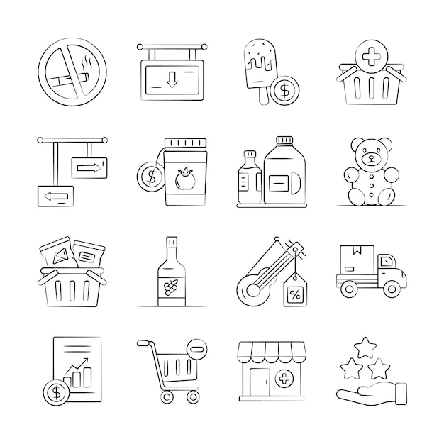 Colección de iconos de venta al por menor dibujados a mano con diseño creativo