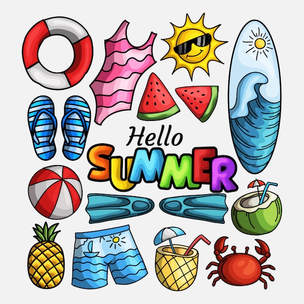 Vector colección de iconos de verano doodle dibujado a mano