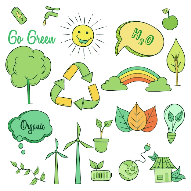 Colección de iconos verdes con mano dibujada o estilo doodle