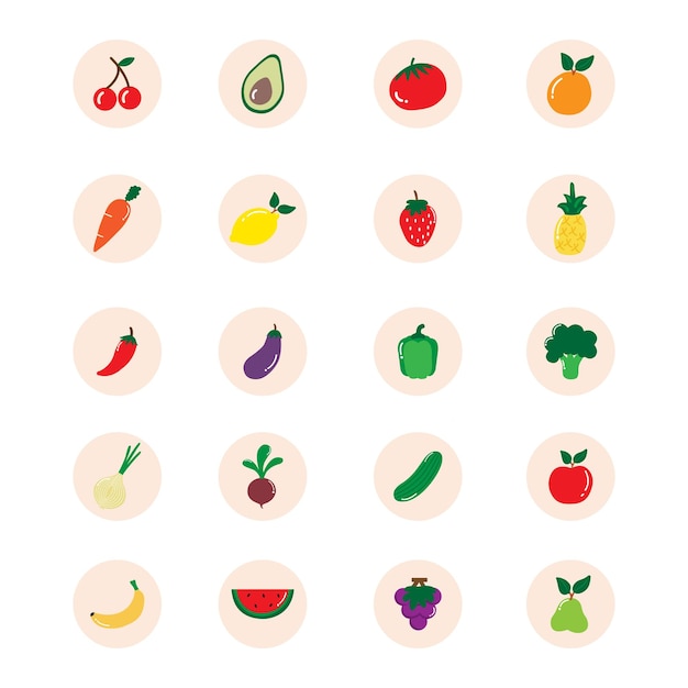 Colección de iconos de verduras y frutas con ilustración vectorial