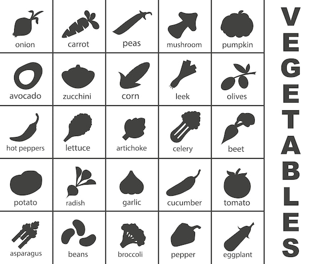 Colección de íconos de verduras con nombres Conjunto de ícones de verdures con nombres