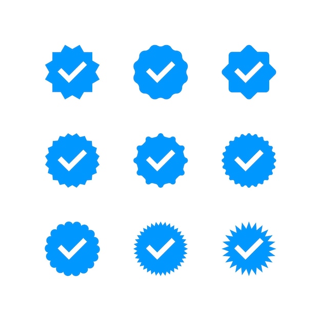 Vector colección de iconos de verificación de cuenta o conjunto de iconas de insignia de verificación azul