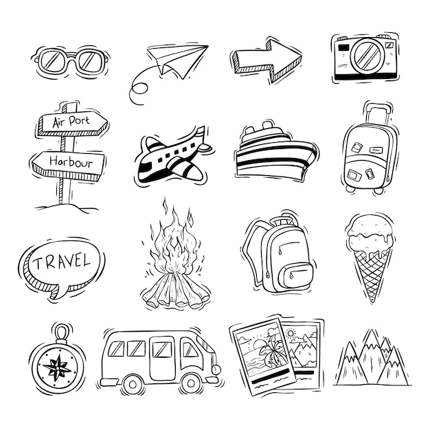 Colección de iconos de viaje blanco y negro con estilo doodle