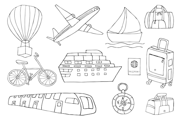 Vector colección de iconos de viaje de doodle en vector. doodle iconos de viaje en vector