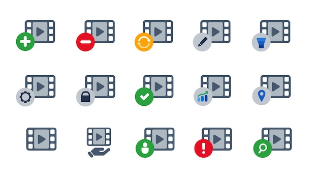 Vector colección de iconos de video de películas e ilustración vectorial de símbolos en gris