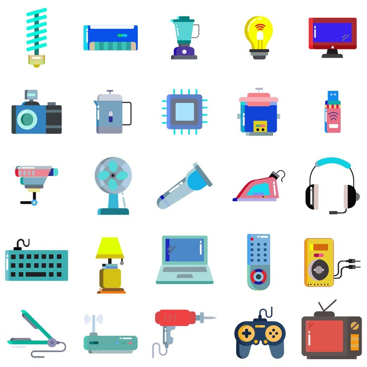 Vector una colección de íconos para un videojuego llamado gadgets electrónicos.