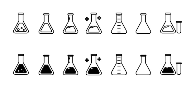 Colección de iconos de vidrio de laboratorio para la investigación científica
