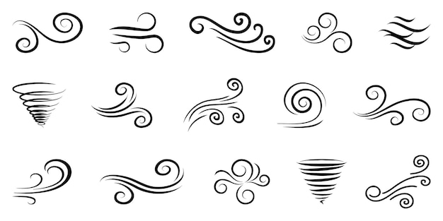 Colección de iconos de viento señales de viento que soplan en negro conjunto de icones de líneas de viento doodle conjunto de bocetos de línea de viento