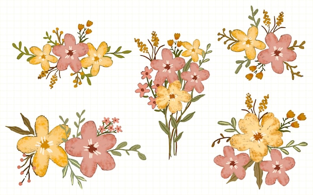 Colección de ilustración acuarela de arreglo de decoración de flores rosadas y amarillas