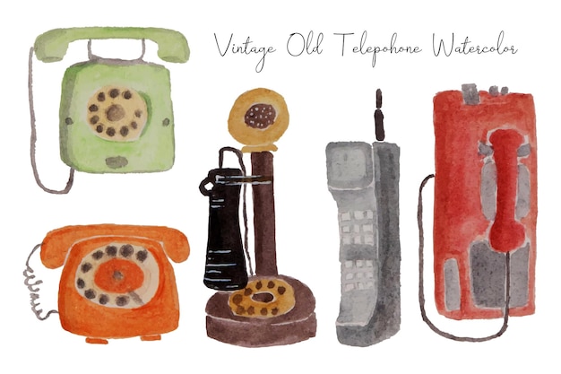 Colección de ilustración de acuarela de teléfono antiguo vintage