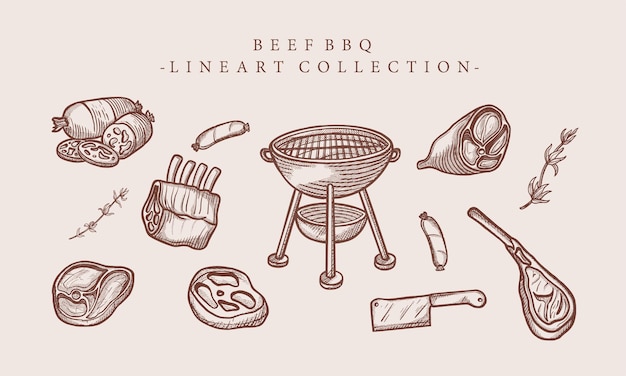 Colección de ilustración de arte de línea de barbacoa de carne vintage