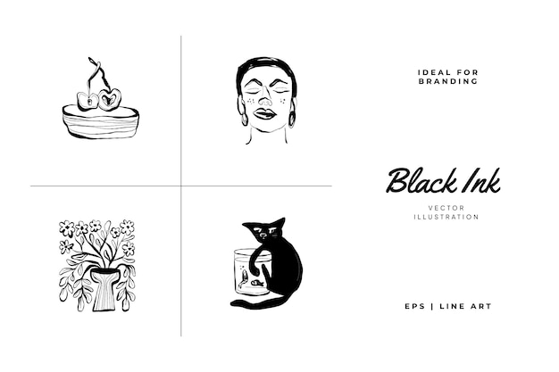 Colección de ilustración boho black k de tinta moderna contemporánea de mediados de siglo. Dibujado a mano de moda