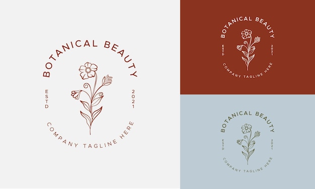 Colección de ilustración de logotipo botánico floral dibujado a mano vectorial para belleza orgánica natural
