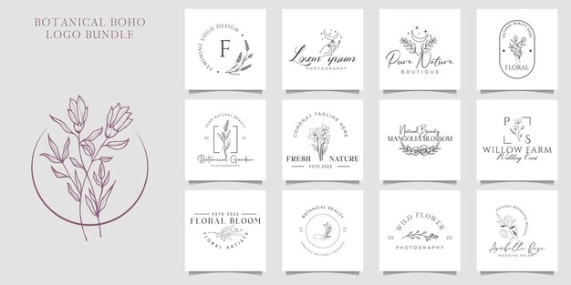 Colección de ilustración de paquete de logotipo botánico floral dibujado a mano para vector orgánico natural de belleza