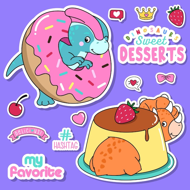 Colección de ilustración de postre dulce de dinosaurio de Doodle