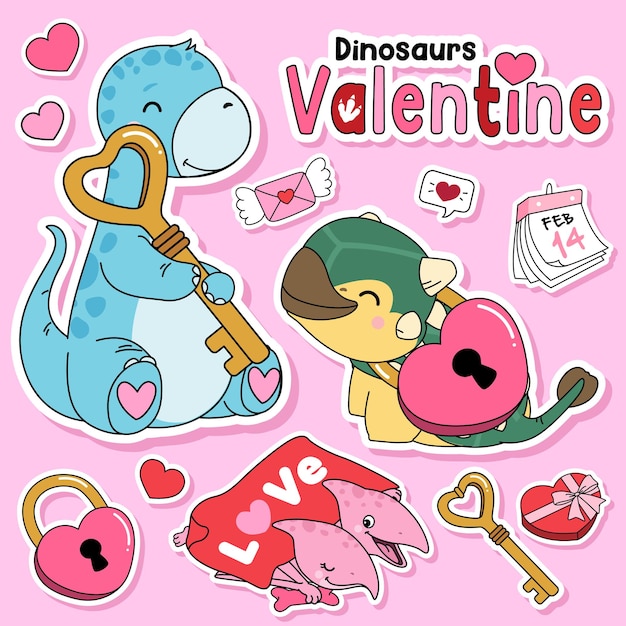 Vector colección de ilustración de san valentín de dinosaurios de doodle