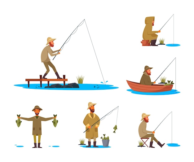 Colección de ilustración de vector de pescador