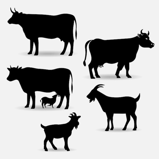 Colección de ilustración de vector de silueta vaca y cabra