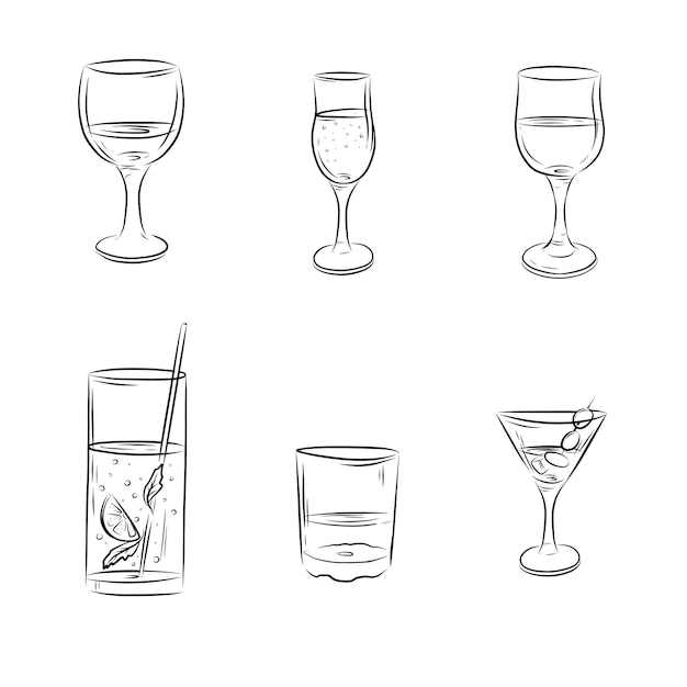 Colección ilustración vidrio en mano línea gafas bar menú café boceto negro y