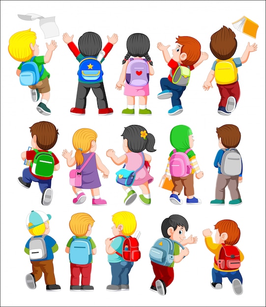 Vector colección de ilustración de vista posterior de niños con mochilas