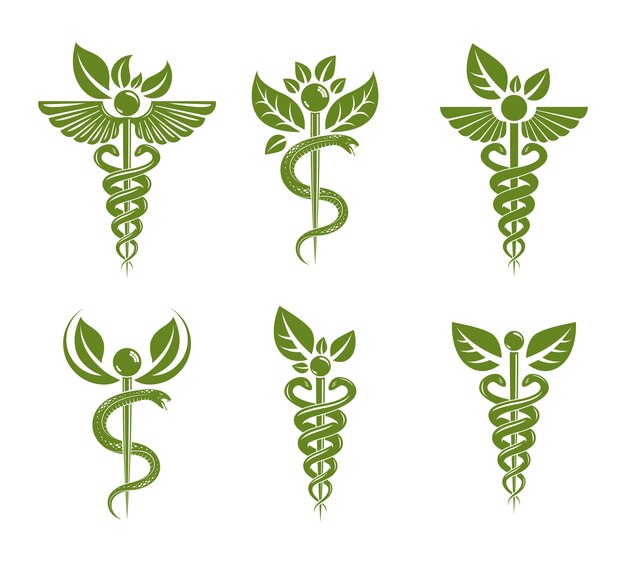 Colección de ilustraciones abstractas vectoriales de aesculapius, símbolos caduceus compuestos con hojas verdes y alas de pájaro para su uso en tratamientos médicos.