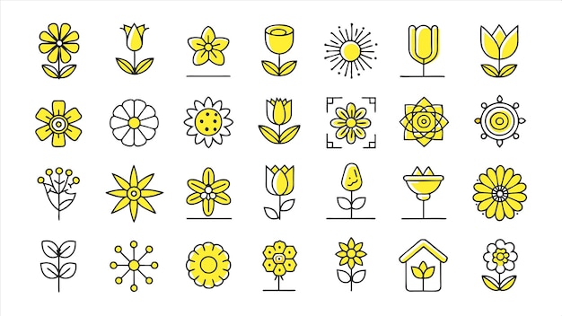 una colección de ilustraciones amarillas y negras con las palabras flores y la palabra en amarillo