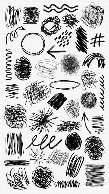 Una colección de ilustraciones artísticas garabateadas con tinta negra Conjunto de dibujos de dibujo de tinta negra en varias ilustraciones de diseño Ilustración de ilustraciones de dibujo artístico con tinta negra Colección de ilustraciones artística de líneas garabateadas
