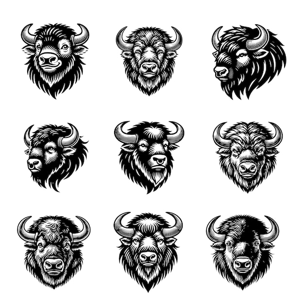 Colección de ilustraciones de Bison Vector Diseño Clipart de bisontes americanos en blanco y negro