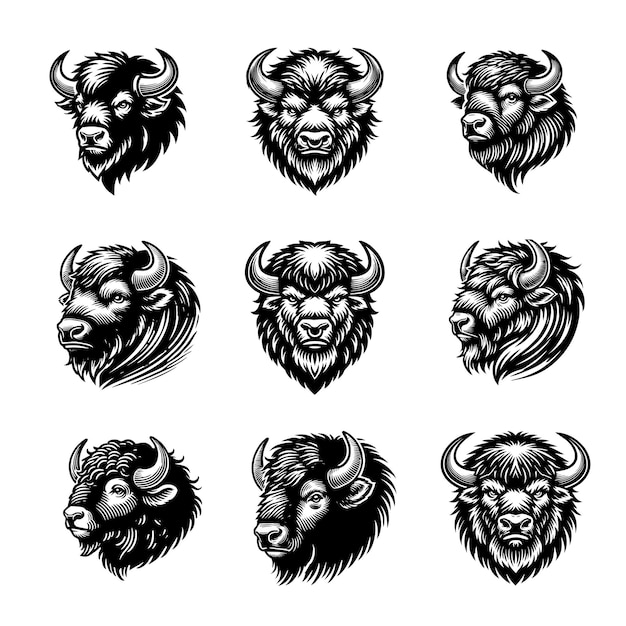 Colección de ilustraciones de Bison Vector Diseño Clipart de bisontes americanos en blanco y negro