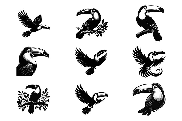 Colección de ilustraciones en blanco y negro de aves de toucán vectorial