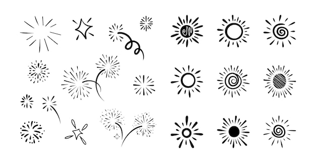 una colección de ilustraciones en blanco y negro con el sol y las palabras sol en el fondo blanco