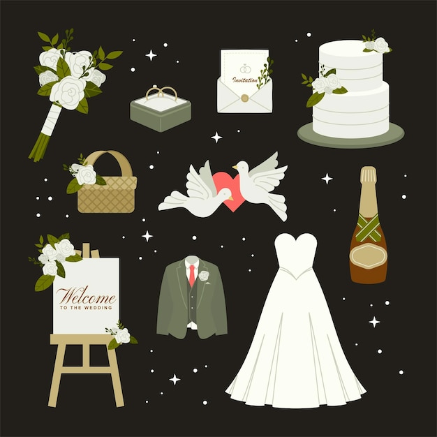 Colección de ilustraciones de bodas planas para pancartas o carteles
